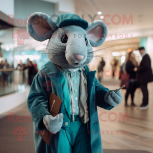 Teal Rat mascot costume character dressed with a Coat and Wraps