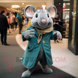 Teal Rat mascot costume character dressed with a Coat and Wraps