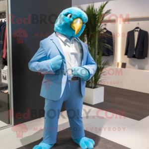 Sky Blue Parrot mascot costume character dressed with a Suit Pants and Smartwatches