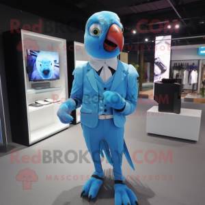 Sky Blue Parrot mascot costume character dressed with a Suit Pants and Smartwatches