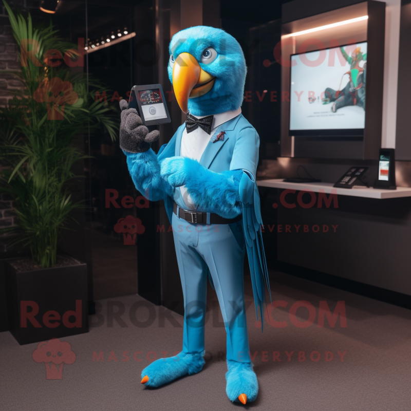 Sky Blue Parrot mascot costume character dressed with a Suit Pants and Smartwatches