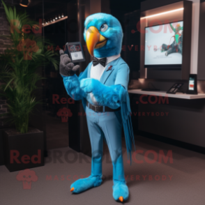 Sky Blue Parrot mascot costume character dressed with a Suit Pants and Smartwatches