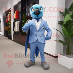 Sky Blue Parrot mascot costume character dressed with a Suit Pants and Smartwatches