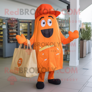 Orange Steak mascot costume character dressed with a Trousers and Tote bags