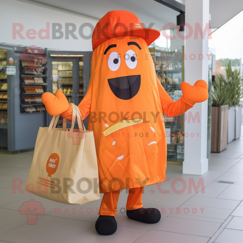 Orange Steak mascot costume character dressed with a Trousers and Tote bags Orange Steak mascot costume character dressed with a Trousers and Tote bags