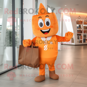 Orange Steak mascot costume character dressed with a Trousers and Tote bags