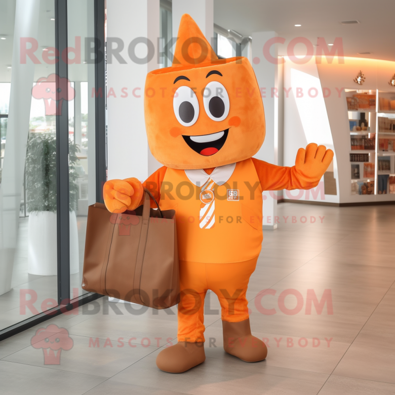 Orange Steak mascot costume character dressed with a Trousers and Tote bags
