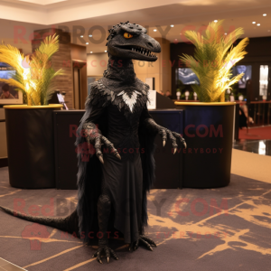 Black Deinonychus mascot costume character dressed with a Evening Gown and Shawl pins