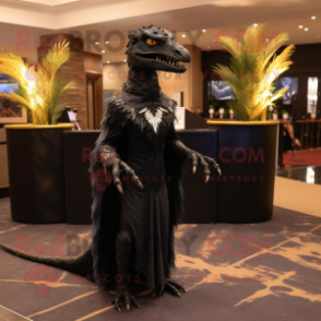 Black Deinonychus mascot costume character dressed with a Evening Gown and Shawl pins