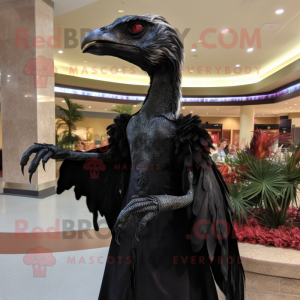 Black Deinonychus mascot costume character dressed with a Evening Gown and Shawl pins