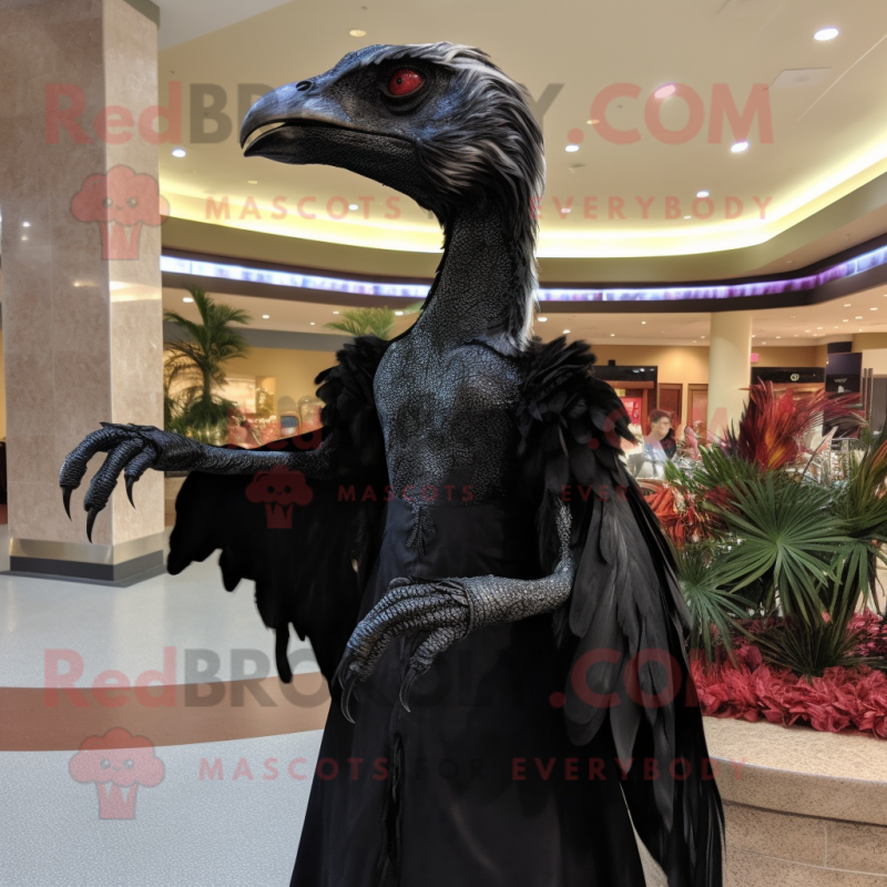 Black Deinonychus mascot costume character dressed with a Evening Gown and Shawl pins Black Deinonychus mascot costume character dressed with a Evening Gown and Shawl pins