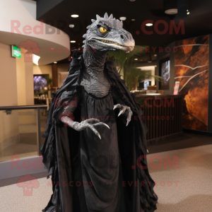 Black Deinonychus mascot costume character dressed with a Evening Gown and Shawl pins