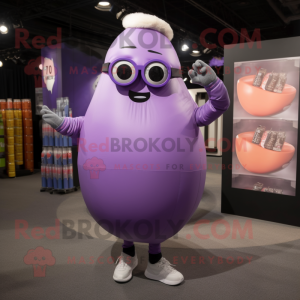 Lavender Grenade mascot costume character dressed with a Yoga Pants and Eyeglasses