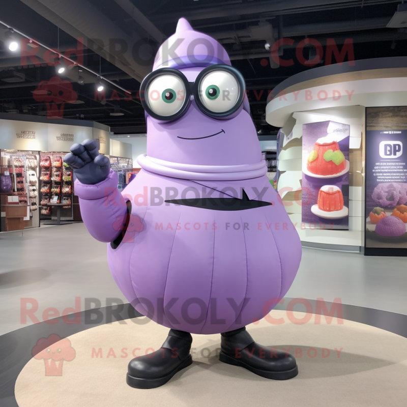 Lavender Grenade mascot costume character dressed with a Yoga Pants and Eyeglasses Lavender Grenade mascot costume character dressed with a Yoga Pants and Eyeglasses