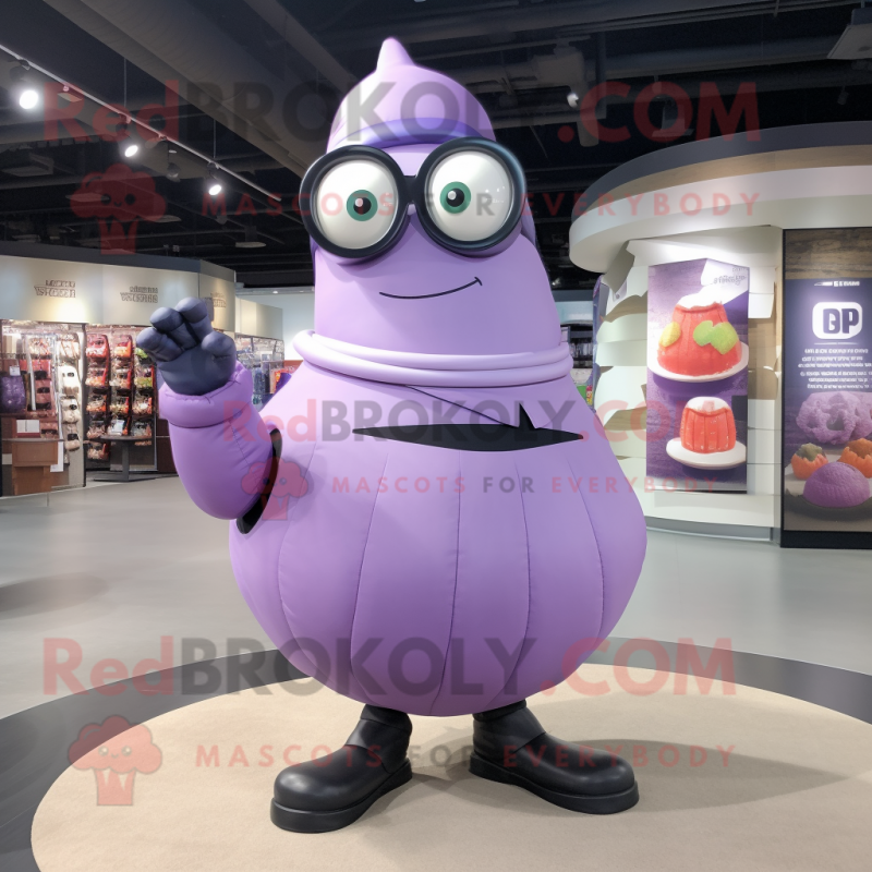 Lavender Grenade mascot costume character dressed with a Yoga Pants and Eyeglasses