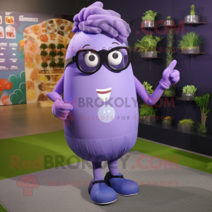 Lavender Grenade mascot costume character dressed with a Yoga Pants and Eyeglasses