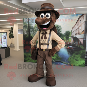 Brown Stilt Walker mascot costume character dressed with a Cargo Pants and Bow ties