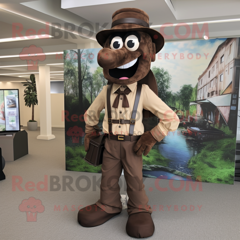 Brown Stilt Walker mascot costume character dressed with a Cargo Pants and Bow ties Brown Stilt Walker mascot costume character dressed with a Cargo Pants and Bow ties