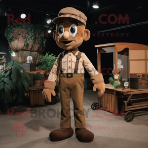 Brown Stilt Walker mascot costume character dressed with a Cargo Pants and Bow ties