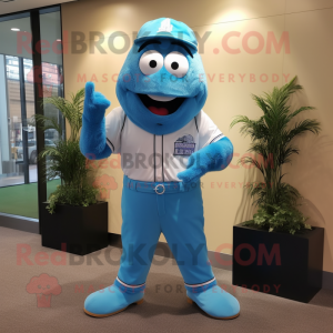 Blue Baseball Glove mascot costume character dressed with a Bermuda Shorts and Tie pins