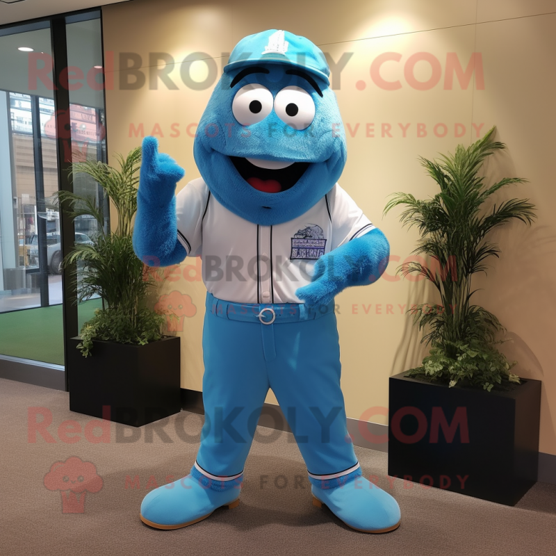 Blue Baseball Glove mascot costume character dressed with a Bermuda Shorts and Tie pins Blue Baseball Glove mascot costume character dressed with a Bermuda Shorts and Tie pins