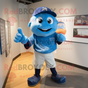 Blue Baseball Glove mascot costume character dressed with a Bermuda Shorts and Tie pins