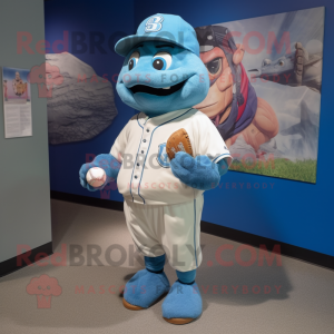 Blue Baseball Glove mascot costume character dressed with a Bermuda Shorts and Tie pins