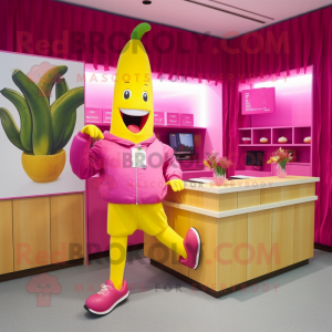 Magenta Banana mascot costume character dressed with a Poplin Shirt and Shoe clips