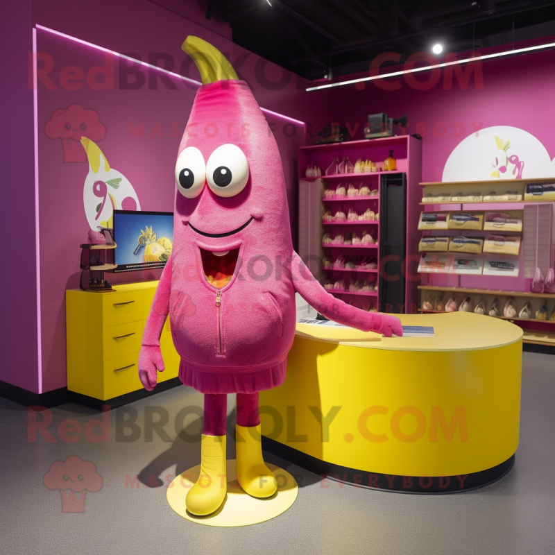 Magenta Banana mascot costume character dressed with a Poplin Shirt and Shoe clips