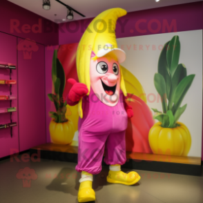 Magenta Banana mascot costume character dressed with a Poplin Shirt and Shoe clips