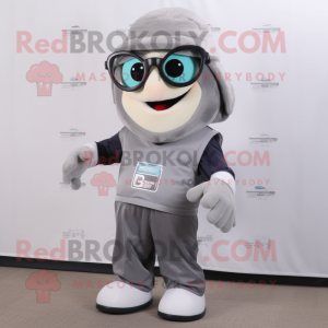 Gray American Football Helmet mascot costume character dressed with a Dress Pants and Eyeglasses