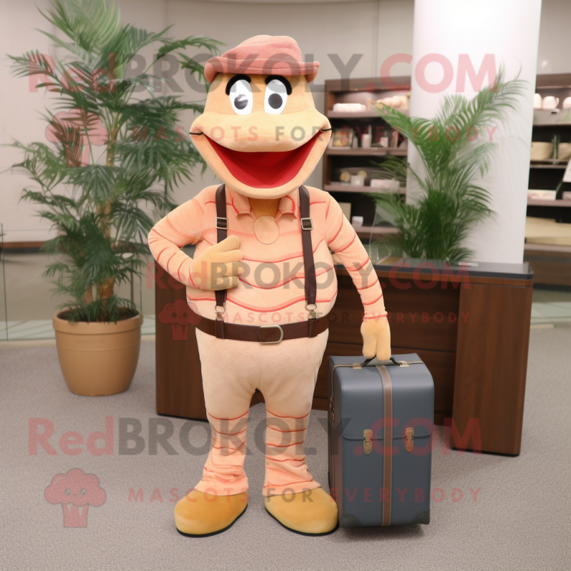 Peach Snake mascot costume character dressed with a Corduroy Pants and Briefcases