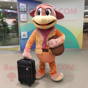 Peach Snake mascot costume character dressed with a Corduroy Pants and Briefcases