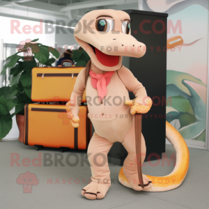 Peach Snake mascot costume character dressed with a Corduroy Pants and Briefcases