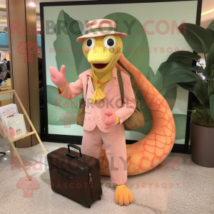 Peach Snake mascot costume character dressed with a Corduroy Pants and Briefcases