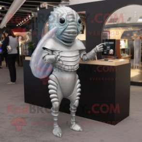 Silver Trilobite mascot costume character dressed with a Cocktail Dress and Messenger bags