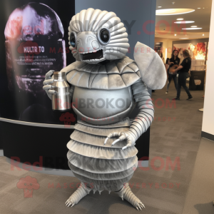 Silver Trilobite mascot costume character dressed with a Cocktail Dress and Messenger bags