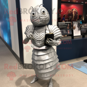 Silver Trilobite mascot costume character dressed with a Cocktail Dress and Messenger bags