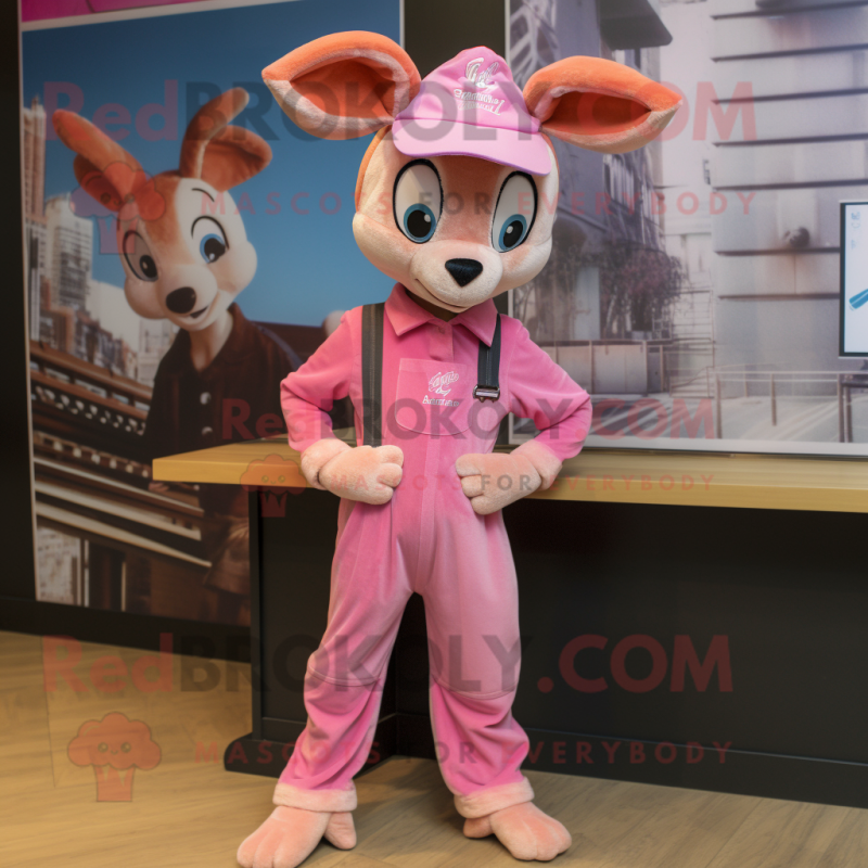 Pink Gazelle mascot costume character dressed with a Dungarees and Beanies Pink Gazelle mascot costume character dressed with a Dungarees and Beanies