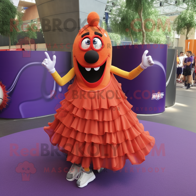 Lavender Currywurst mascot costume character dressed with a Ball Gown and Shoe laces Lavender Currywurst mascot costume character dressed with a Ball Gown and Shoe laces