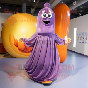 Lavender Currywurst mascot costume character dressed with a Ball Gown and Shoe laces