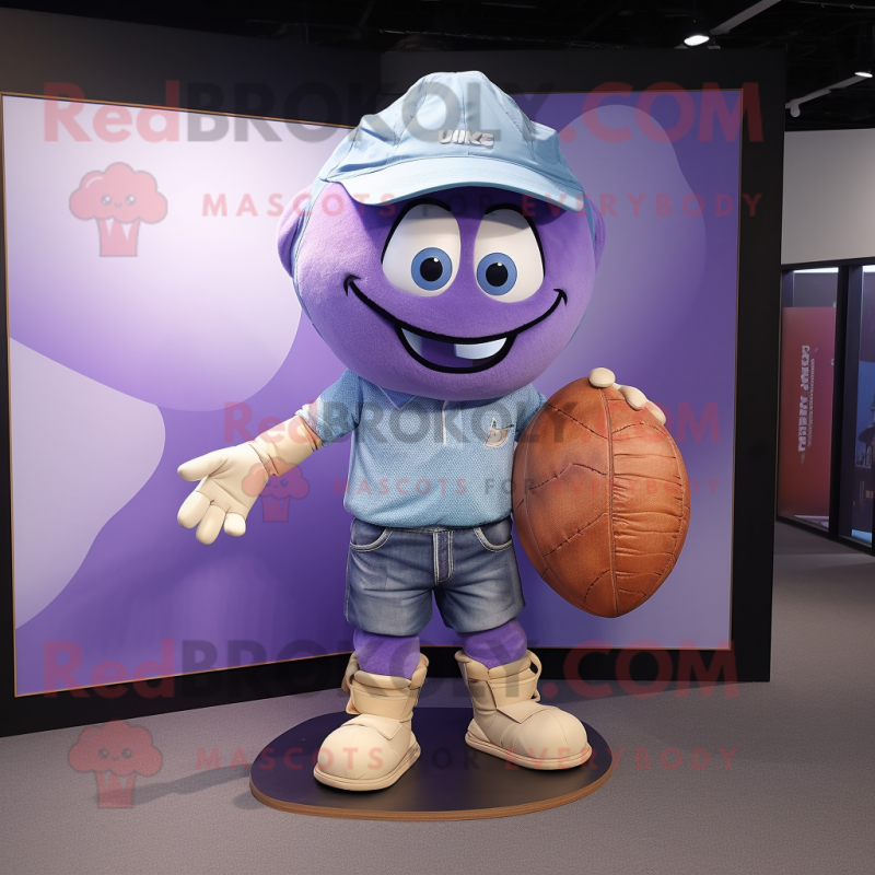 Lavender Rugby Ball mascot costume character dressed with a Flare Jeans and Necklaces