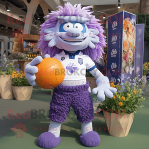 Lavender Rugby Ball mascot costume character dressed with a Flare Jeans and Necklaces