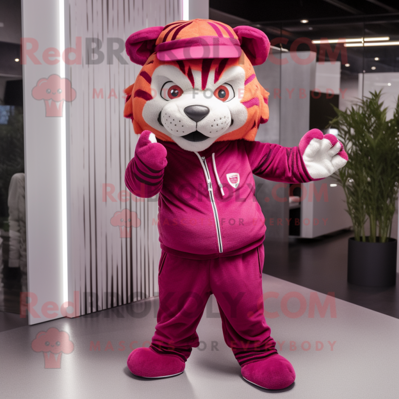 Magenta Tiger mascot costume character dressed with a Trousers and Caps