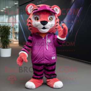 Magenta Tiger mascot costume character dressed with a Trousers and Caps