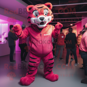 Magenta Tiger mascot costume character dressed with a Trousers and Caps