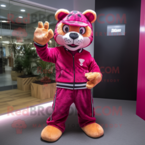 Magenta Tiger mascot costume character dressed with a Trousers and Caps