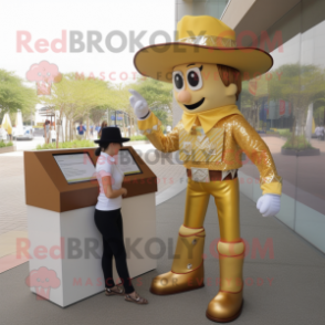 Gold Cowboy mascot costume character dressed with a Pencil Skirt and Watches