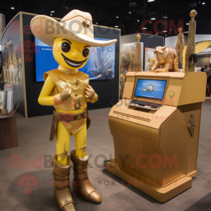 Gold Cowboy mascot costume character dressed with a Pencil Skirt and Watches