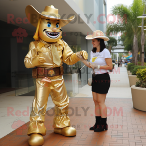 Gold Cowboy mascot costume character dressed with a Pencil Skirt and Watches